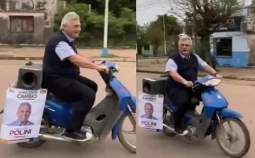 Corradi en moto hace campaña en apoyo la candidatura de Polini